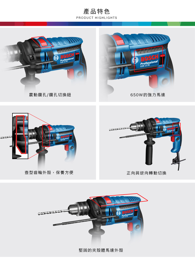 BOSCH 13 產品特色PRODUCT HIGHLIGHTSBOSCHProfessionalGSB 13 RE震動鑽孔/鑽孔鈕650W的強力馬達Professional壺型齒輪外殼,保養方便正向與逆向切換堅固的殼體馬達外殼BOSCHProfessional