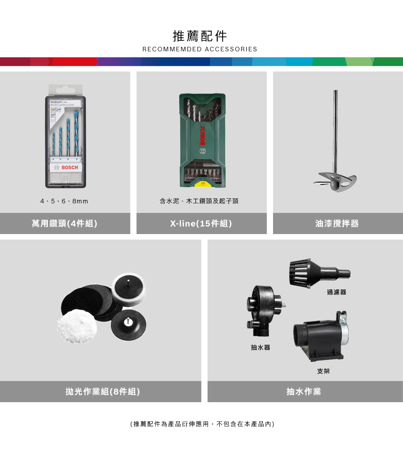 BOSCH推薦配件RECOMMEMDED ACCESSORIESBOSCH4、5、6、8mm含水泥、木工鑽頭及起子頭萬用鑽頭(4件組)X-line(15件組)油漆攪拌器拋光作業組(8件組)抽水器(推薦配件為產品衍伸應用,不包含在本產品)支架抽水作業過濾器