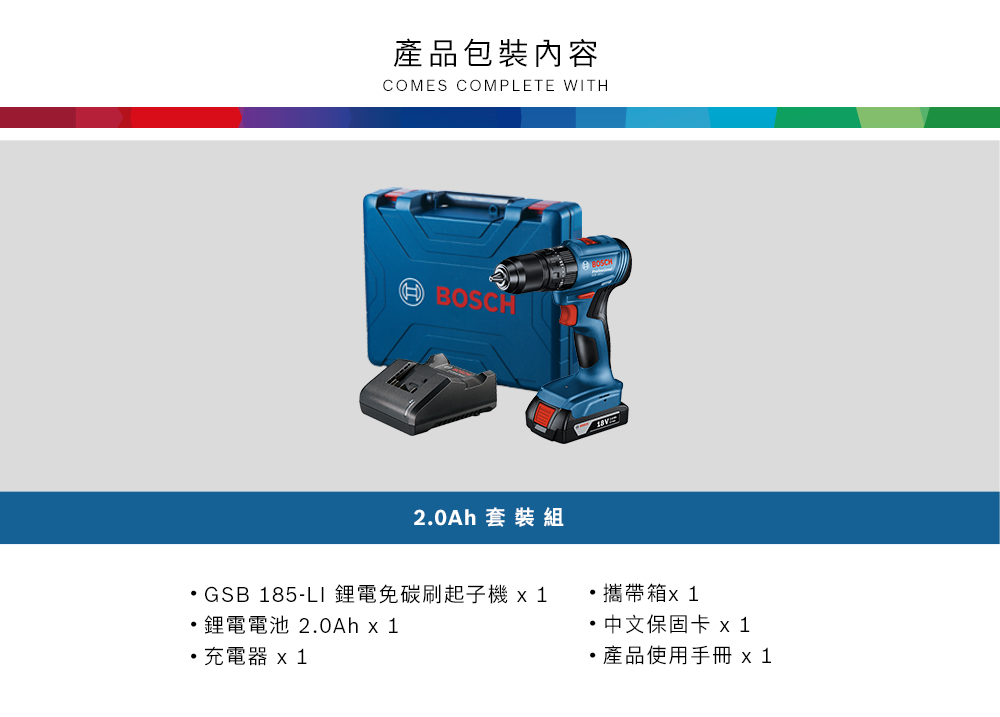 產品包裝內容COMES COMPLETE WITHBOSCH2.0Ah 套裝組GSB 185-LI 鋰電免碳刷起子  1攜帶箱1鋰電電池 2.0Ah x 1充電器 x 1・中文保固卡 產品使用手冊 x1