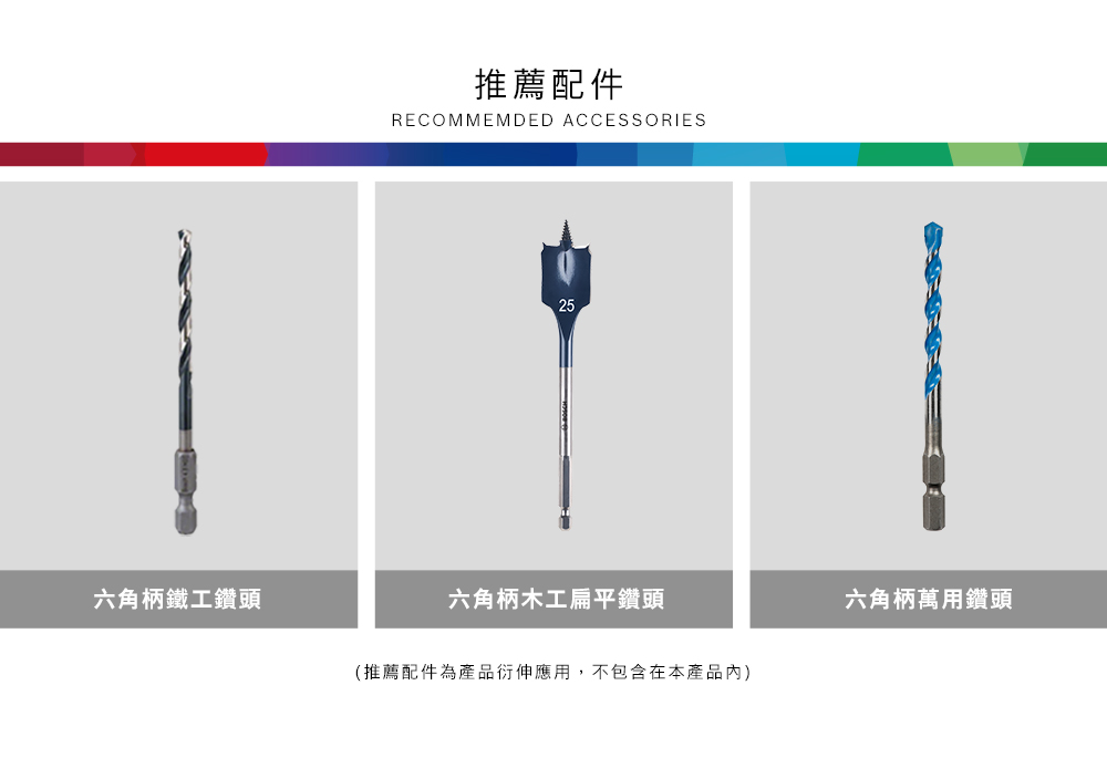 六角柄鐵工鑽頭推薦配件RECOMMEMDED ACCESSORIES25六角柄木工扁平鑽頭(推薦配件為產品衍伸應用,不包含在本產品)六角柄萬用鑽頭
