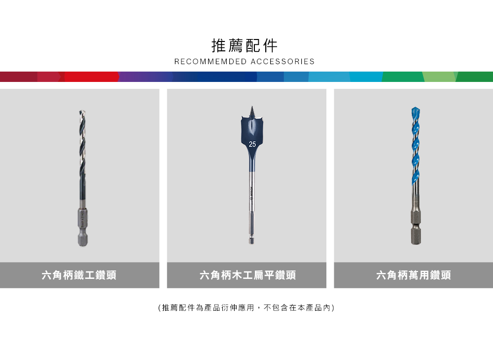六角柄鐵工鑽頭推薦配件RECOMMEMDED ACCESSORIES25六角柄木工扁平鑽頭(推薦配件為產品衍伸應用,不包含在本產品內)六角柄萬用鑽頭