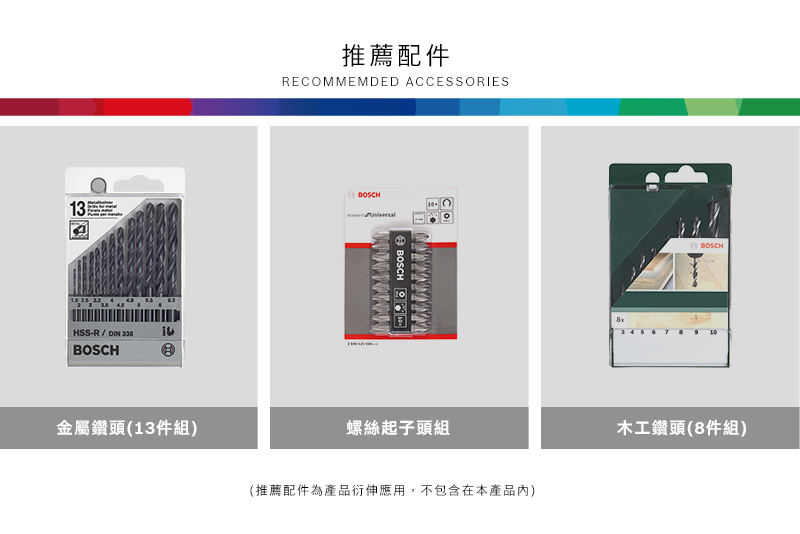 推薦配件RECOMMEMDED ACCESSORIES13HSS-R/DIN 金屬鑽頭(13件組)BOSCH 螺絲起子頭組(推薦配件為產品衍伸應用,不包含在本產品內)BOSCH木工鑽頭(8件組)