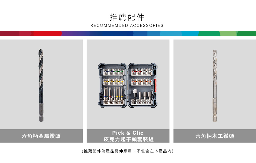 推薦配件RECOMMEMDED ACCESSORIES六角柄金屬鑽頭Pick & Clic皮克力起子頭套裝組(推薦配件為產品衍伸應用,不包含在本產品)六角柄木工鑽頭