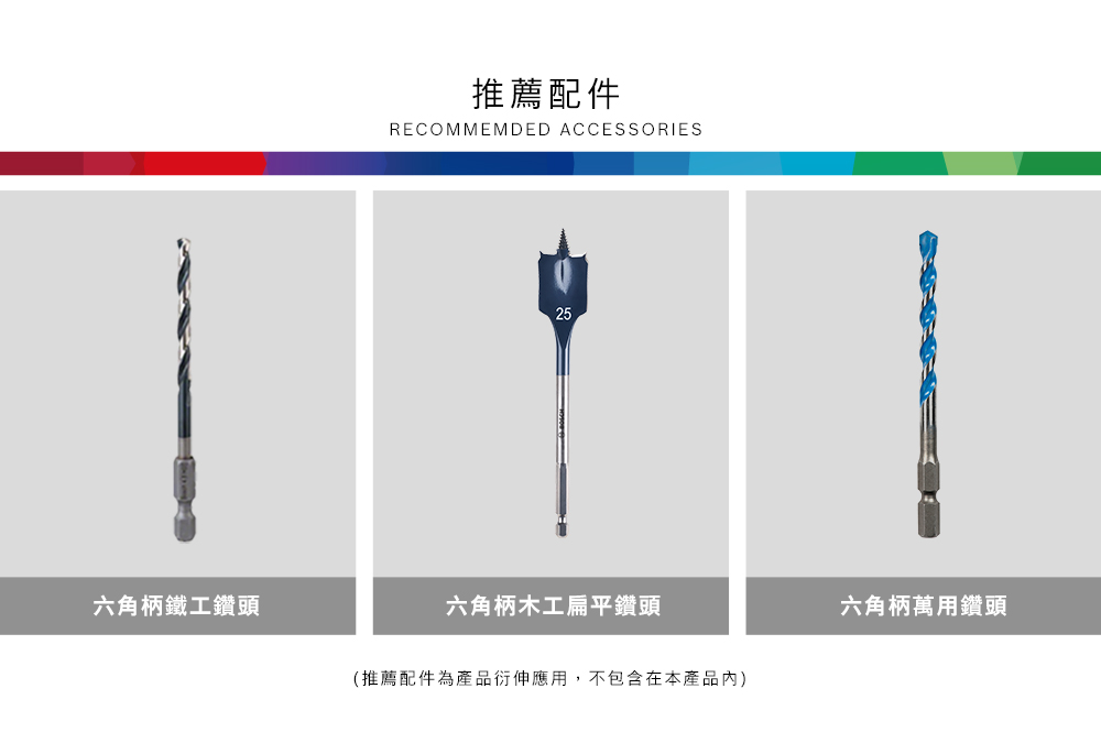 六角柄鐵工鑽頭推薦配件RECOMMEMDED ACCESSORIES25六角柄木工扁平鑽頭(推薦配件為產品衍伸應用,不包含在本產品)六角柄萬用鑽頭