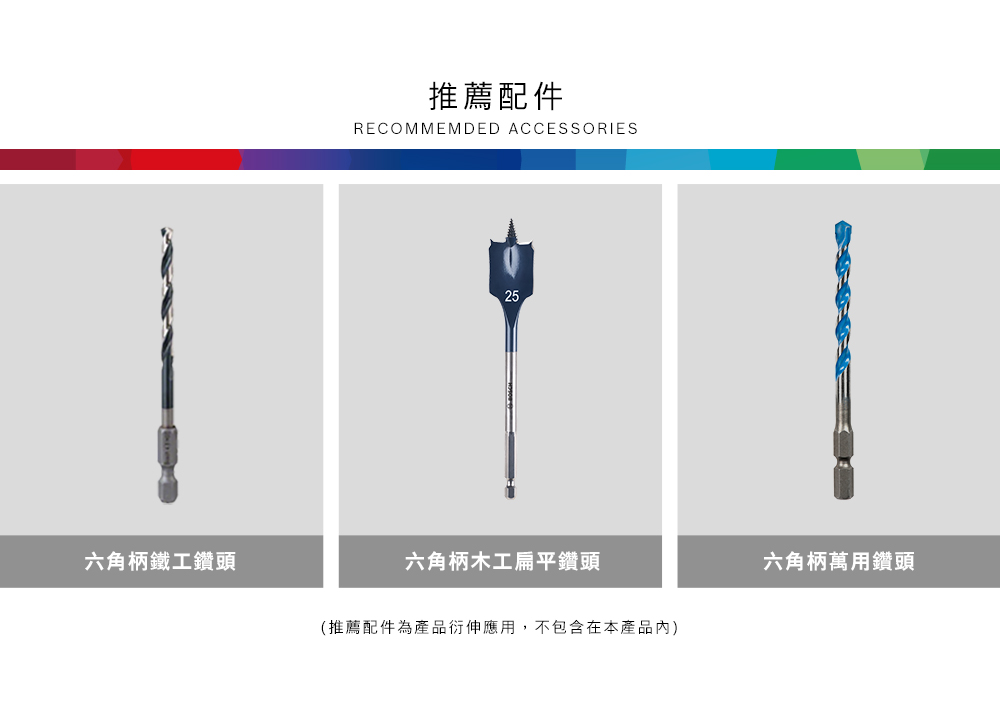 六角柄鐵工鑽頭推薦配件RECOMMEMDED ACCESSORIES25六角柄木工扁平鑽頭(推薦配件為產品衍伸應用,不包含在本產品內)六角柄萬用鑽頭