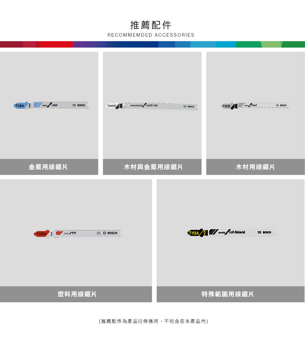 推薦配件RECOMMEMDED ACCESSORIEST118A etal BOSCH金屬用線木材與金屬用線鋸片木材用線鋸片 BOSCHT113A塑料用線鋸片特殊範圍用線鋸片(推薦配件為產品衍伸應用,不包含在本產品內)