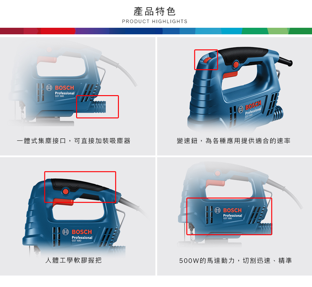 BOSCHProfessionalGST 680產品特色PRODUCT HIGHLIGHTS一體式集塵接口,可直接加裝吸塵器BOSCHProfessional變速鈕,為各種應用提供適合的速率 BOSCHProfessionalGST 680ProfessionalGST 680人體工學軟膠握把500W的馬達動力,切割迅速、精準