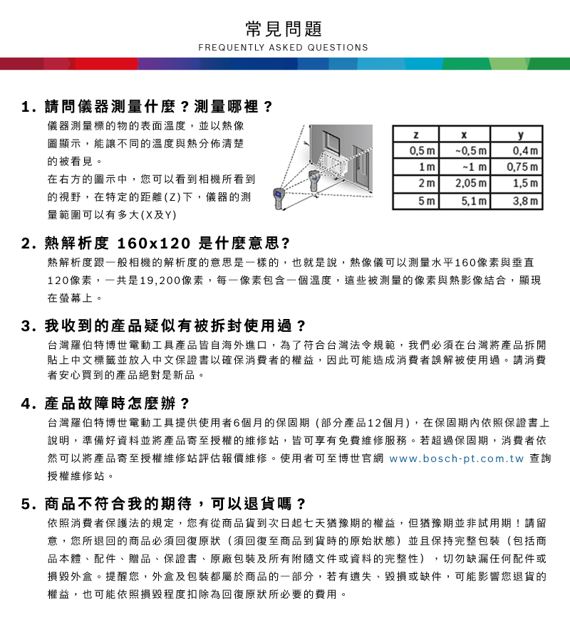 常見問題FREQUENTLY ASKED QUESTIONS1. 請問儀器測什麼?測量哪裡?儀器測量標的物的表面溫度,並以熱像圖顯示,能讓不同的溫度與熱分佈清楚的被看見在右方的圖示中,您可以看到相機所看到的視野,在特定的距離()下,儀器的測量範圍可以有多大(及Y)2.熱解析度 160120 是什麼意思?Zx0.5m~ 0.4m~1m0,75 m2m1,5 m5m5,1 m3,8m熱解析度跟一般相機的解析度的意思是一樣的,也就是說,熱像儀可以測量水平160像素與垂直120像素,一共是19,200像素,每一像素包含一個溫度,這些被測量的像素與熱影像結合,顯現在螢幕上。3. 我收到的產品疑似有被拆封使用過?台灣羅伯特博世電動工具產品皆自海外進口,為了符合台灣法令規範,我們必須在台灣將產品拆開貼上中文標籤並放入中文保證書以確保消費者的權益,因此可能造成消費者誤解被使用過。請消費者安心買到的產品絕對是新品。4.產品故障時怎麼辦?台灣羅伯特博世電動工具提供使用者6個月的保固期(部分產品12個月),在保固期內依照保證書上說明,準備好資料並將產品寄至授權的維修站,皆可享有免費維修服務。若超過保固期,消費者依然可以將產品寄至授權維修站評估報價維修。使用者可至博世官網 www.bosch-pt.com.tw 查詢授權維修站。5.商品不符合我的期待,可以退貨嗎?依照消費者保護法的規定,您有從商品貨到次日起七天猶豫期的權益。但猶豫期並非試用期!請留意,您所退回的商品必須回復原狀(須回復至商品到貨時的原始狀態)並且保持完整包裝(包括商品本體、配件、贈品、保證書、原廠包裝及所有附隨文件或資料的完整性),切勿缺漏任何配件或損毀外盒。提醒您,外盒及包裝都屬於商品的一部分,若有遺失、毀損或缺件,可能影響您退貨的權益,也可能依照損毀程度扣除為回復原狀所必要的費用。