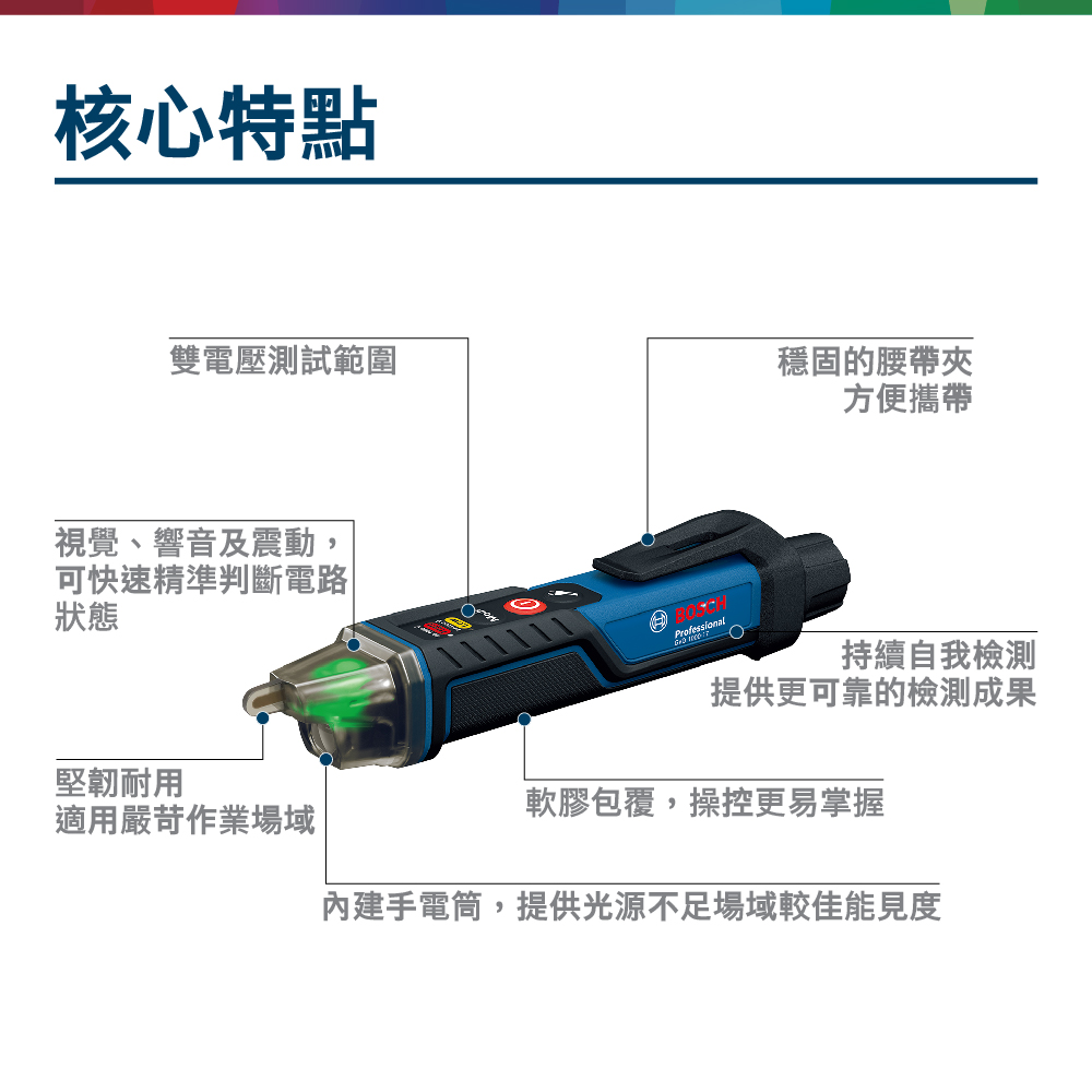 核心特點雙電壓測試範圍穩固的腰帶夾方便攜帶視覺、響音及震動可快速精準判斷電路|狀態堅韌耐用適用嚴苛作業場域Professional持續自我檢測提供更可靠的檢測成果軟膠包覆,操控更易掌握內建手電筒,提供光源不足場域較佳能見度