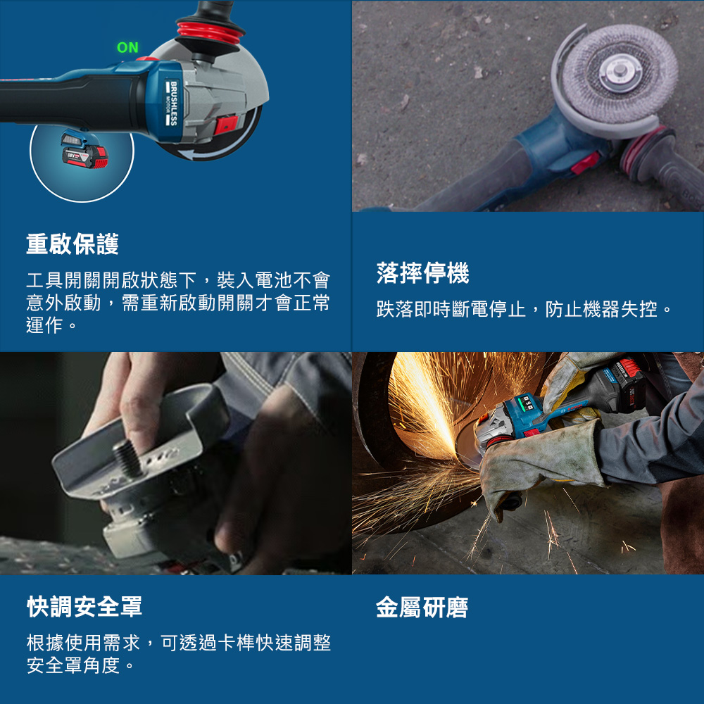 ONBRUSHLESS工具開關開啟狀態下,裝入電池不會意外啟動,需重新啟動開關才會正常運作。落摔停機跌落即時斷電停止,防止機器失控。重啟保護快調安全罩金屬研磨根據使用需求,可透過卡榫快速調整安全罩角度。