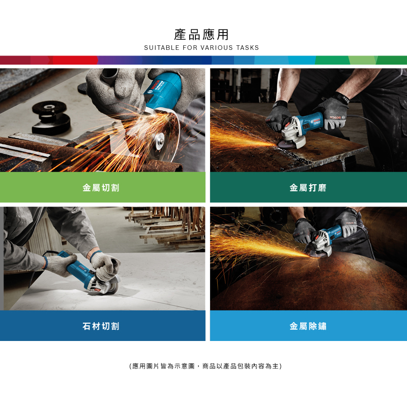 產品應用SUITABLE FOR VARIOUS TASKS金屬切割金屬打磨石材切割(應用圖片皆為示意圖,商品以產品包裝內容為主)金屬除鏽