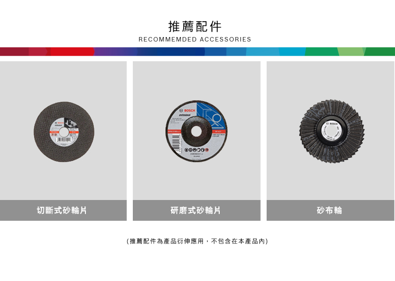 切斷式砂輪片推薦配件RECOMMEMDED ACCESSORIES研磨式砂輪片(推薦配件為產品衍伸應用,不包含在本產品)砂布輪