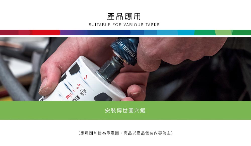 產品應用SUITABLE FOR VARIOUS TASKS 安裝博世圓穴鋸(應用圖片皆為示意圖,商品以產品包裝內容為主)