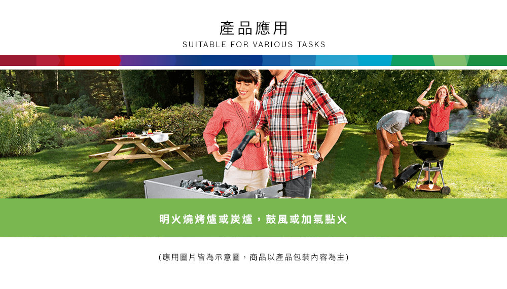 產品應用SUITABLE FOR VARIOUS TASKS明火燒烤爐或炭爐,鼓風或加氣點火(應用圖片皆為示意圖,商品以產品包裝內容為主)