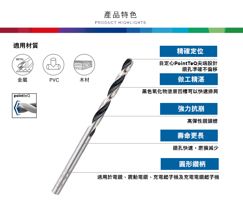 適用材質METAL金屬PVC木材pointteQ產品特色PRODUCT HIGHLIGHTS精確定位自定心PointTeQ尖端設計鑽孔準確不偏移做工精湛黑色氧化物塗層凹槽可以快速排屑強力抗崩高彈性鑽頭體壽命更長鑽孔快速,磨損減少圓形鑽柄適用於電鑽、震動電鑽、充電起子機及充電電鑽起子機