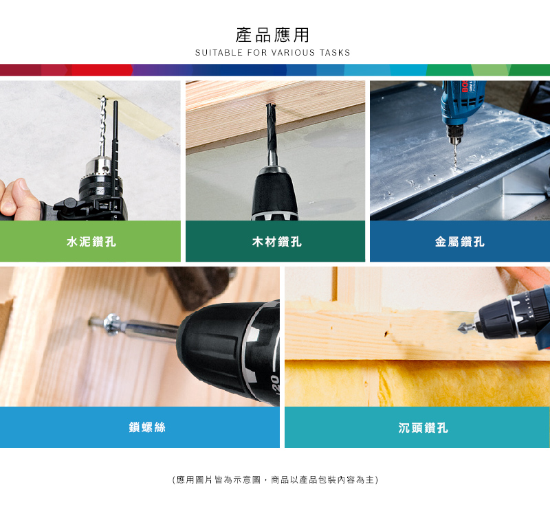 產品應用SUITABLE FOR VARIOUS TASKS水泥鑽孔木材鑽孔金屬鑽孔鎖螺絲(應用圖片皆為示意圖,商品以產品包裝內容為主)沉頭鑽孔