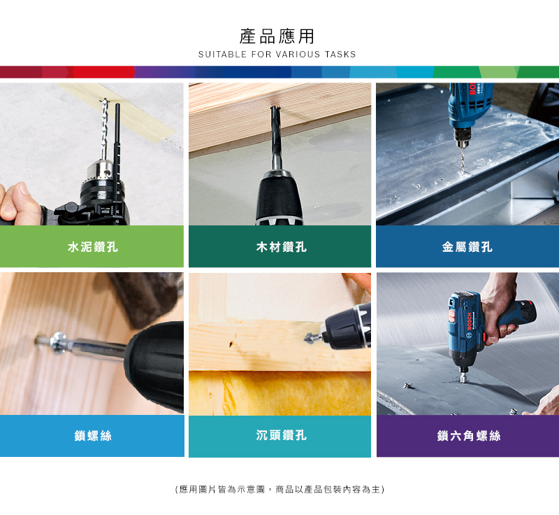 產品應用SUITABLE FOR VARIOUS TASKS水泥鑽孔木材鑽孔金屬鑽孔鎖螺絲沉頭鑽孔(應用圖片皆為示意圖,商品以產品包裝內容為主)鎖六角螺絲