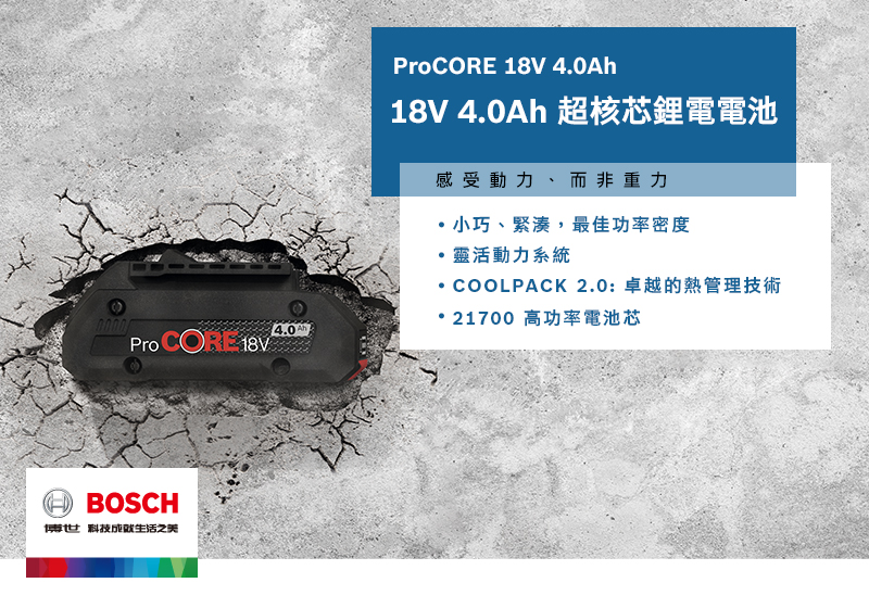 Pro CORE BOSCH博世 科技之4.0ProCORE 18V 4.0Ah18V 4.0Ah 超核芯鋰電電池感受動力、而非重力・小巧、緊湊,最佳功率密度靈活動力系統COOLPACK 2.0:卓越的熱管理技術21700 高功率電池芯