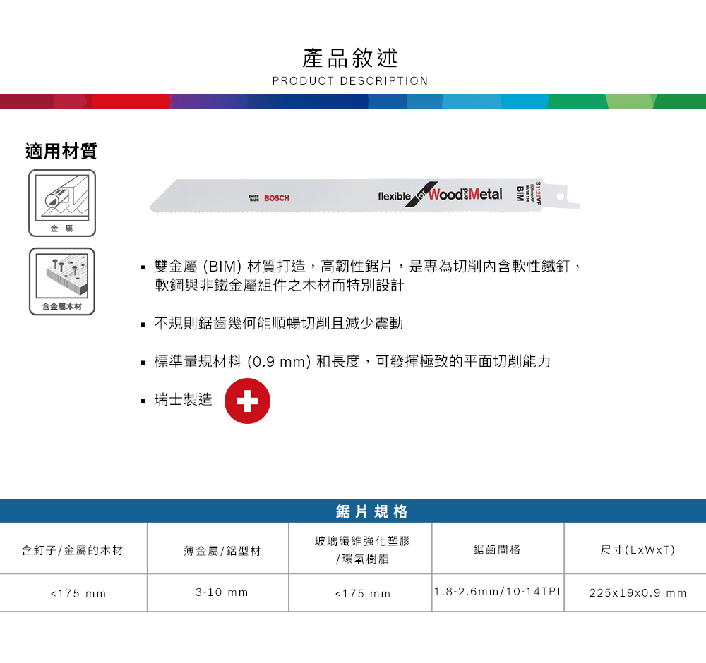 適用材質金屬含金屬木材產品敘述PRODUCT DESCRIPTIONBOSCHflexible  Metal雙金屬 (BIM 材質打造,高韌性鋸片,是專為切削內含軟性鐵釘、軟鋼與非鐵金屬組件之木材而特別設計 不規則鋸齒幾何能順暢切削且減少震動 標準量規材料 (0.9 mm) 和長度,可發揮極致的平面切削能力瑞士製造--鋸片規格玻璃纖維強化塑膠含釘子金屬的木材薄金屬/鋁型材鋸齒間格尺寸()/環氧樹脂175 mm3-10 mm175 mm 1.8-2.6mm/10-14TPI225x19x0.9 mm
