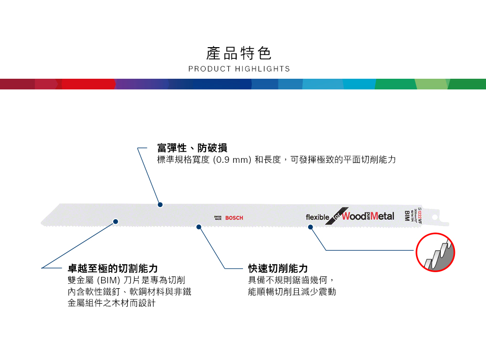 產品特色PRODUCT HIGHLIGHTS富彈性、防破損標準規格寬度 (0.9 mm)和長度,可發揮極致的平面切削能力BOSCHflexible  Metal卓越至極的切割能力雙金屬 (BIM) 刀片是專為切削內含軟性鐵釘、軟鋼材料與非鐵金屬組件之木材而設計快速切削能力具備不規則鋸齒幾何,能順暢切削且減少震動