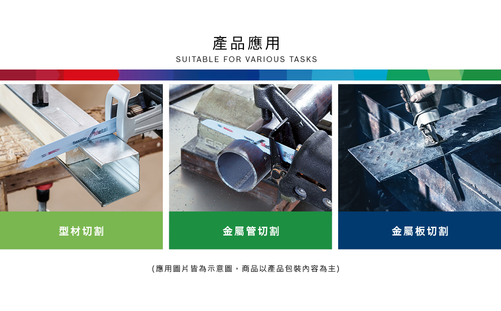 BOSCH型材切割產品應用SUITABLE FOR VARIOUS TASKSGR金屬管切割(應用圖片皆為示意圖,商品以產品包裝內容為主)金屬板切割