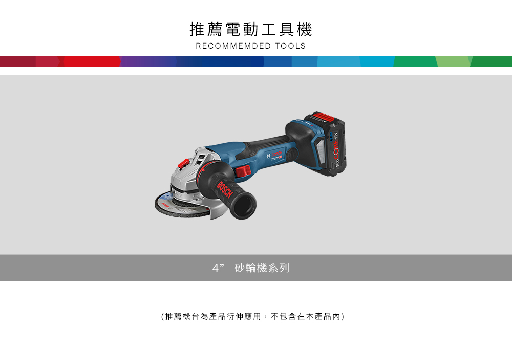 推薦電動工具機RECOMMEMDED TOOLSBOSCH4” 砂輪機系列(推薦機台為產品衍伸應用,不包含在本產品內)