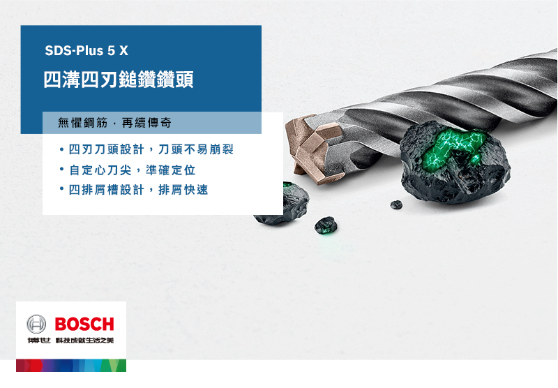 SDS-Plus 5X四溝四鎚鑽鑽頭無懼鋼筋,再續傳奇四刃刀頭設計,刀頭不易崩裂定心刀尖,準確定位四排屑槽設計,排屑快速BOSCH博世科技之美