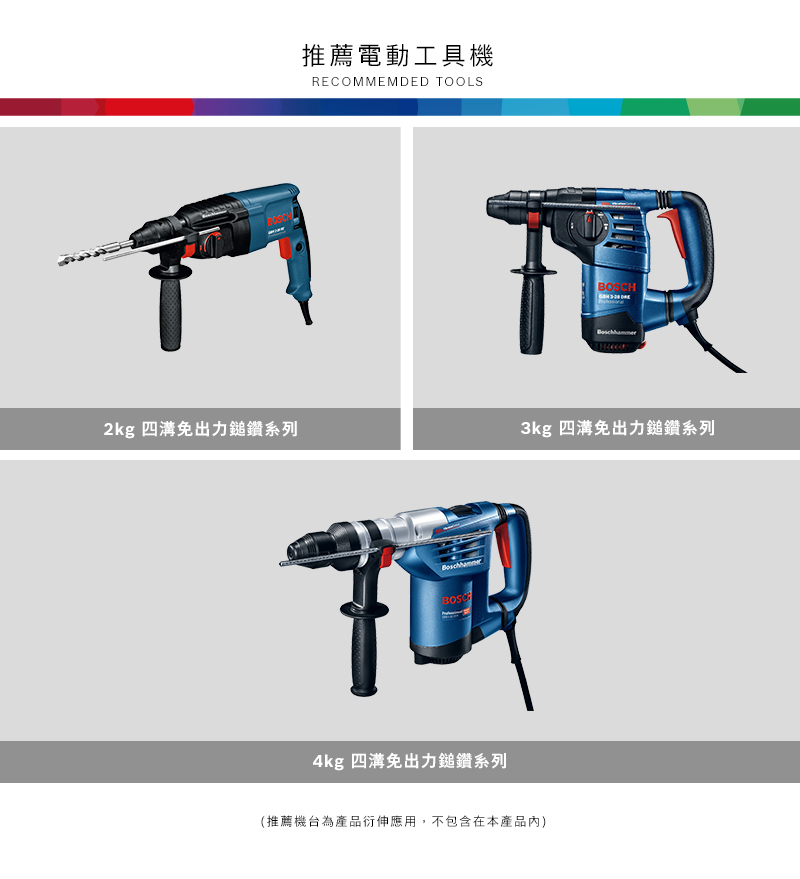 2kg 四溝免出力鎚鑽系列推薦電動工具機RECOMMEMDED TOOLS4kg 四溝免出力鎚鑽系列BOSCH3kg 四溝免出力鎚鑽系列(推薦機台為產品衍伸應用,不包含在本產品內)
