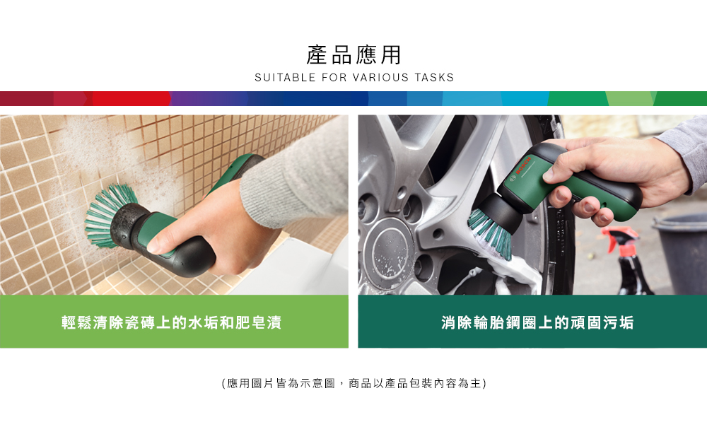 產品應用SUITABLE FOR VARIOUS TASKS輕鬆清除瓷磚上的水垢和肥皂漬消除輪胎鋼圈上的頑固污垢(應用圖片皆為示意圖,商品以產品包裝內容為主)