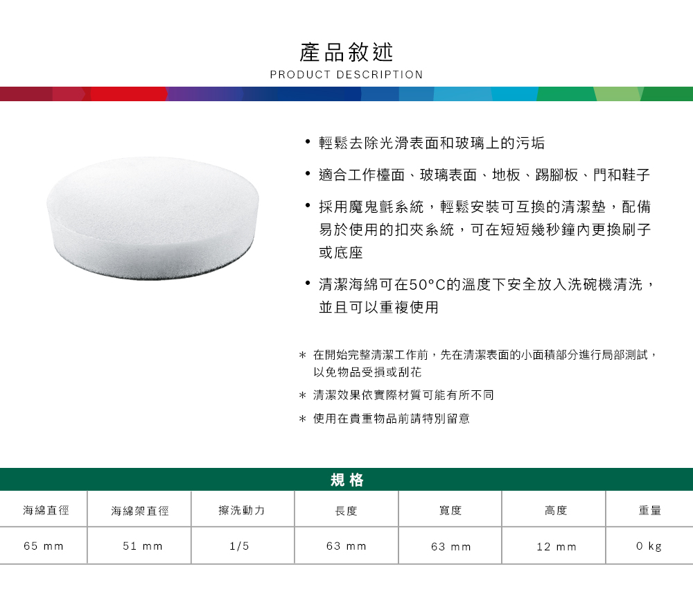 產品敘述PRODUCT DESCRIPTION輕鬆去除光滑表面和玻璃上的污垢適合工作檯面、玻璃表面、地板、踢腳板、門和鞋子 採用魔鬼氈系統,輕鬆安裝可互換的清潔墊,配備易於使用的扣夾系統,可在短短幾秒鐘更換刷子或底座清潔海綿可在5°C的溫度下安全放入洗碗機清洗,並且可以重複使用* 在開始完整清潔工作前,先在清潔表面的小面積部分進行局部測試,以免物品受損或刮花* 清潔效果依實際材質可能有所不同* 使用在貴重物品前請特別留意規格海綿直徑海綿架直徑擦洗動力長度寬度高度重量65 51 mm1/563 mm63 mm12 mm0 kg