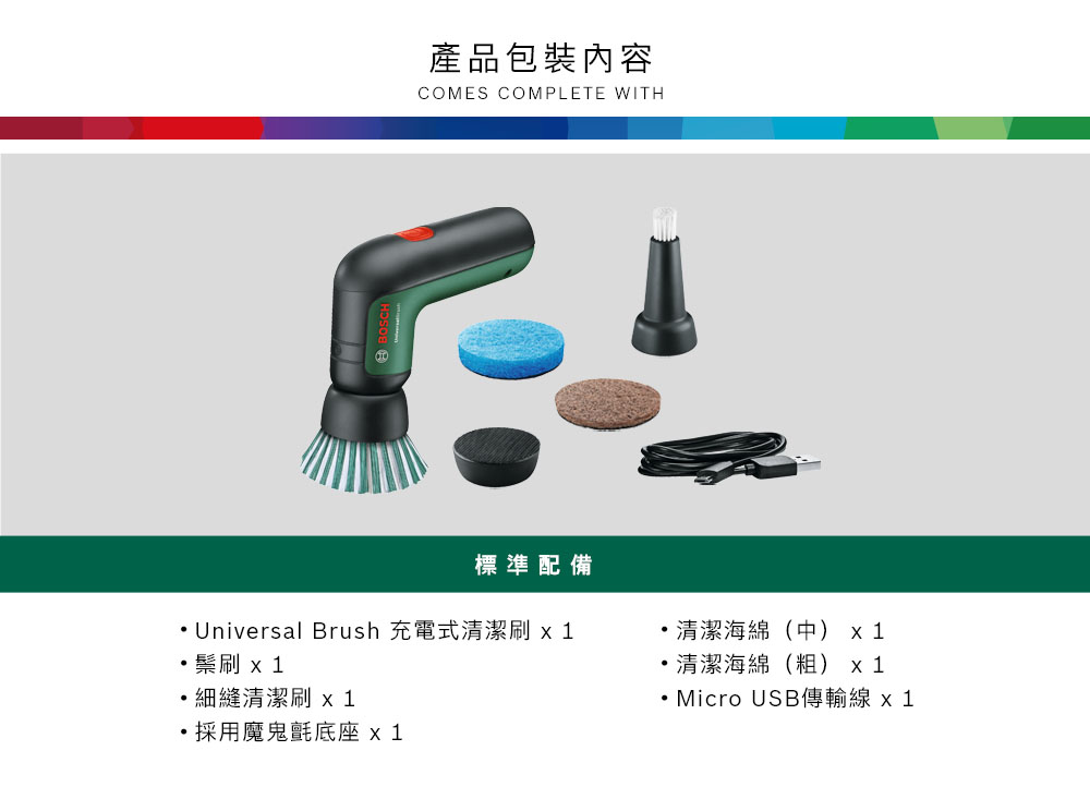 產品包裝內容COMES COMPLETE WITHUniversal Brush 充電式清潔刷  1標準配備清潔海綿(中) 刷  1細縫清潔刷  1清潔海綿(粗) 1 Micro USB傳輸線 x 1·採用魔鬼氈底座 x 1